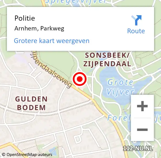 Locatie op kaart van de 112 melding: Politie Arnhem, Parkweg op 28 juli 2022 11:37