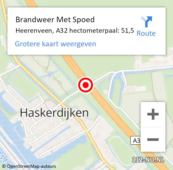 Locatie op kaart van de 112 melding: Brandweer Met Spoed Naar Heerenveen, A32 hectometerpaal: 51,5 op 28 juli 2022 12:06