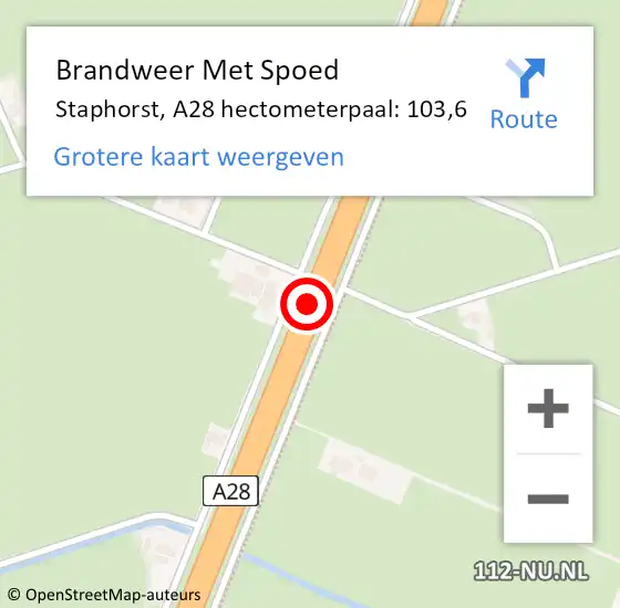 Locatie op kaart van de 112 melding: Brandweer Met Spoed Naar Staphorst, A28 hectometerpaal: 103,6 op 28 juli 2022 12:32