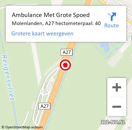 Locatie op kaart van de 112 melding: Ambulance Met Grote Spoed Naar Molenlanden, A27 hectometerpaal: 40 op 28 juli 2022 12:45