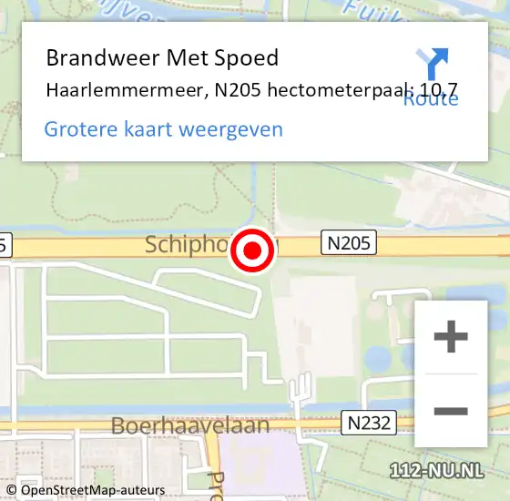 Locatie op kaart van de 112 melding: Brandweer Met Spoed Naar Haarlemmermeer, N205 hectometerpaal: 10,7 op 28 juli 2022 13:46