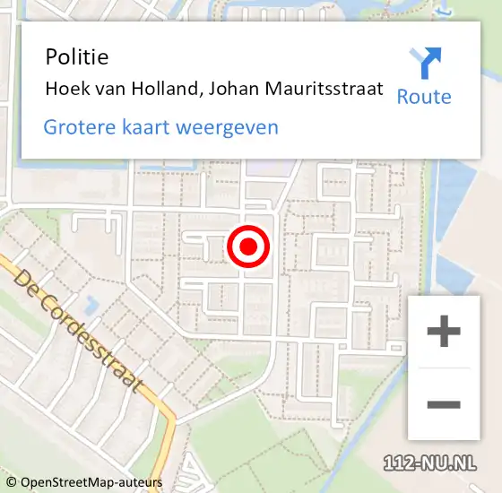 Locatie op kaart van de 112 melding: Politie Hoek van Holland, Johan Mauritsstraat op 28 juli 2022 15:25