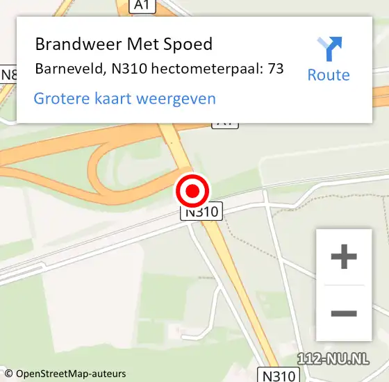 Locatie op kaart van de 112 melding: Brandweer Met Spoed Naar Barneveld, N310 hectometerpaal: 73 op 28 juli 2022 17:06