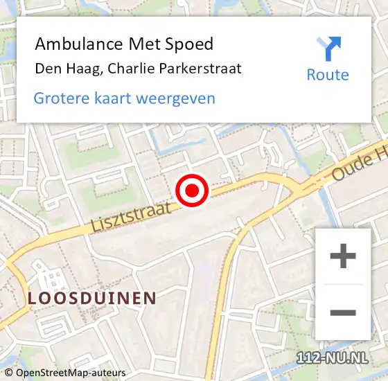 Locatie op kaart van de 112 melding: Ambulance Met Spoed Naar Den Haag, Charlie Parkerstraat op 28 juli 2022 17:21