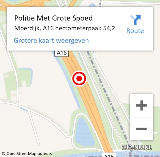 Locatie op kaart van de 112 melding: Politie Met Grote Spoed Naar Moerdijk, A16 hectometerpaal: 54,2 op 28 juli 2022 17:50