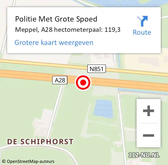 Locatie op kaart van de 112 melding: Politie Met Grote Spoed Naar Meppel, A28 hectometerpaal: 119,3 op 28 juli 2022 21:24