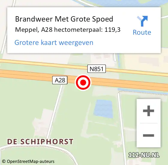 Locatie op kaart van de 112 melding: Brandweer Met Grote Spoed Naar Meppel, A28 hectometerpaal: 119,3 op 28 juli 2022 21:25