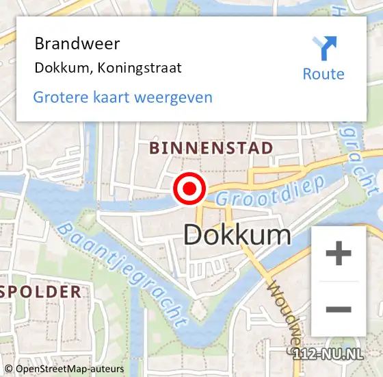 Locatie op kaart van de 112 melding: Brandweer Dokkum, Koningstraat op 28 juli 2022 22:45