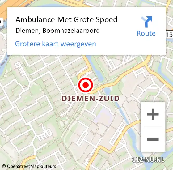 Locatie op kaart van de 112 melding: Ambulance Met Grote Spoed Naar Diemen, Boomhazelaaroord op 28 juli 2022 23:48