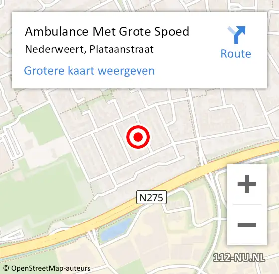 Locatie op kaart van de 112 melding: Ambulance Met Grote Spoed Naar Nederweert, Plataanstraat op 29 juli 2022 01:01