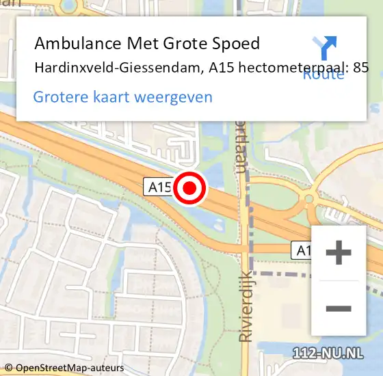 Locatie op kaart van de 112 melding: Ambulance Met Grote Spoed Naar Hardinxveld-Giessendam, A15 hectometerpaal: 85 op 29 juli 2022 01:38