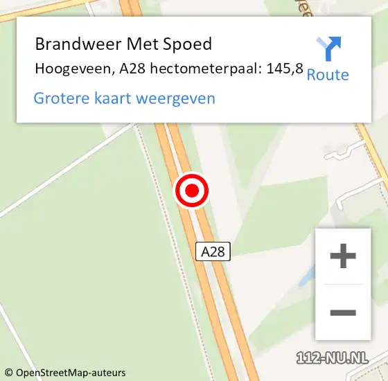 Locatie op kaart van de 112 melding: Brandweer Met Spoed Naar Hoogeveen, A28 hectometerpaal: 145,8 op 29 juli 2022 06:15