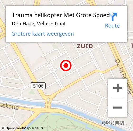 Locatie op kaart van de 112 melding: Trauma helikopter Met Grote Spoed Naar Den Haag, Velpsestraat op 29 juli 2022 11:37