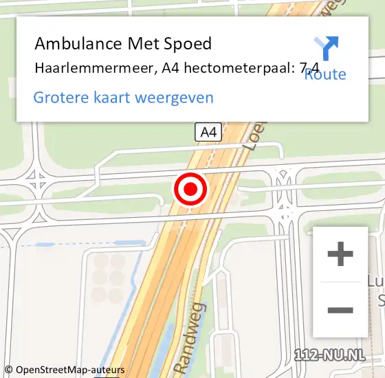 Locatie op kaart van de 112 melding: Ambulance Met Spoed Naar Haarlemmermeer, A4 hectometerpaal: 7,4 op 29 juli 2022 11:47