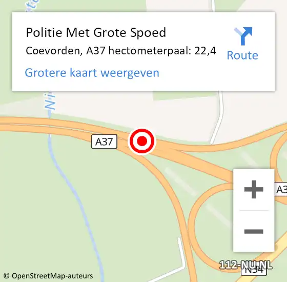 Locatie op kaart van de 112 melding: Politie Met Grote Spoed Naar Coevorden, A37 hectometerpaal: 22,4 op 29 juli 2022 12:41