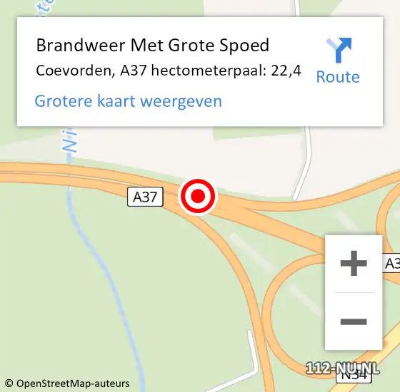 Locatie op kaart van de 112 melding: Brandweer Met Grote Spoed Naar Coevorden, A37 hectometerpaal: 22,4 op 29 juli 2022 12:43