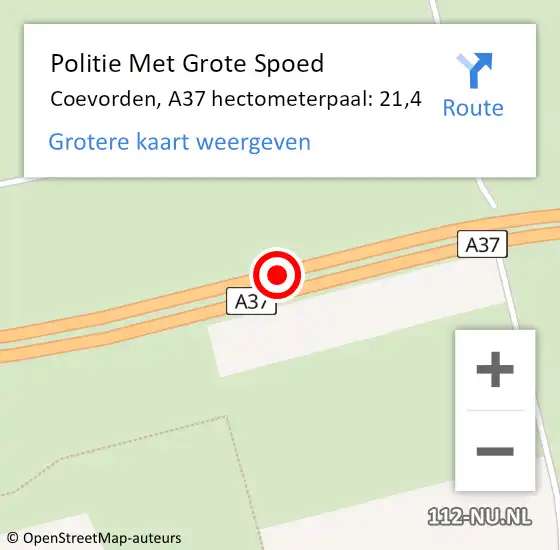 Locatie op kaart van de 112 melding: Politie Met Grote Spoed Naar Coevorden, A37 hectometerpaal: 21,4 op 29 juli 2022 12:47