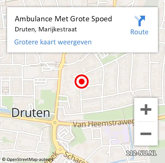 Locatie op kaart van de 112 melding: Ambulance Met Grote Spoed Naar Druten, Marijkestraat op 29 juli 2022 13:33