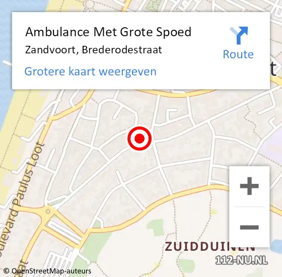 Locatie op kaart van de 112 melding: Ambulance Met Grote Spoed Naar Zandvoort, Brederodestraat op 29 juli 2022 13:40