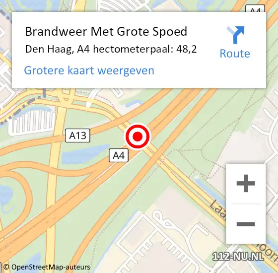 Locatie op kaart van de 112 melding: Brandweer Met Grote Spoed Naar Den Haag, A4 hectometerpaal: 48,2 op 29 juli 2022 18:06