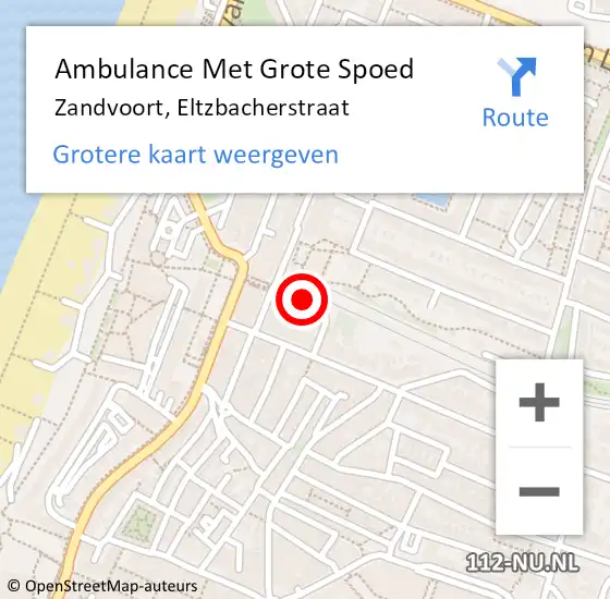 Locatie op kaart van de 112 melding: Ambulance Met Grote Spoed Naar Zandvoort, Eltzbacherstraat op 29 juli 2022 18:16