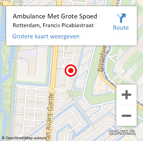 Locatie op kaart van de 112 melding: Ambulance Met Grote Spoed Naar Rotterdam, Francis Picabiastraat op 29 juli 2022 23:01