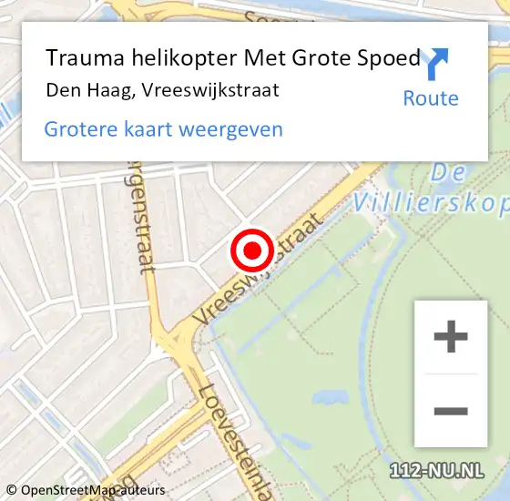 Locatie op kaart van de 112 melding: Trauma helikopter Met Grote Spoed Naar Den Haag, Vreeswijkstraat op 29 juli 2022 23:06