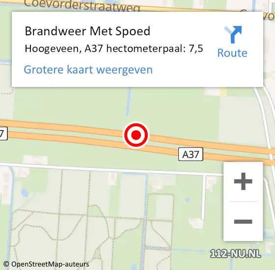 Locatie op kaart van de 112 melding: Brandweer Met Spoed Naar Hoogeveen, A37 hectometerpaal: 7,5 op 29 juli 2022 23:53