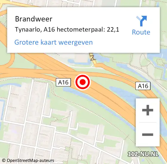 Locatie op kaart van de 112 melding: Brandweer Tynaarlo, A16 hectometerpaal: 22,1 op 30 juli 2022 01:14