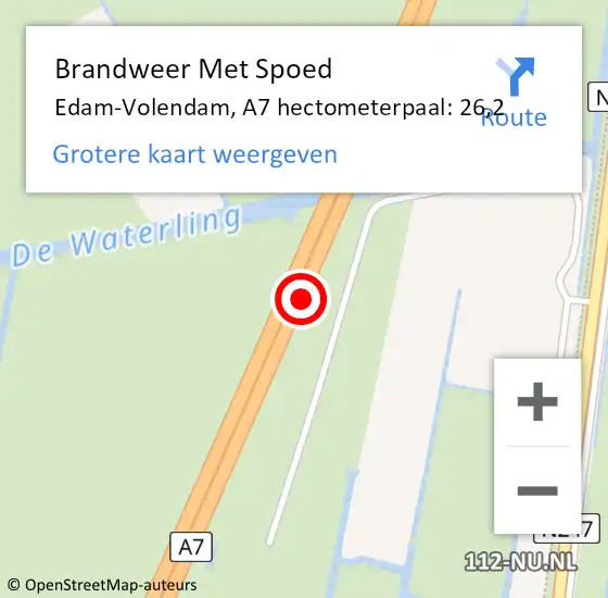 Locatie op kaart van de 112 melding: Brandweer Met Spoed Naar Edam-Volendam, A7 hectometerpaal: 26,2 op 30 juli 2022 06:10