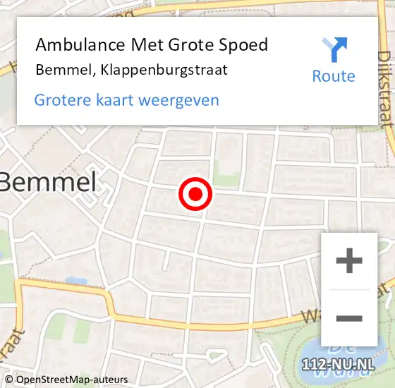 Locatie op kaart van de 112 melding: Ambulance Met Grote Spoed Naar Bemmel, Klappenburgstraat op 30 juli 2022 06:16