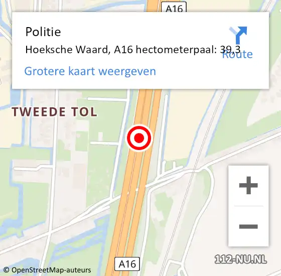 Locatie op kaart van de 112 melding: Politie Binnenmaas, A16 hectometerpaal: 39,3 op 30 juli 2022 08:23