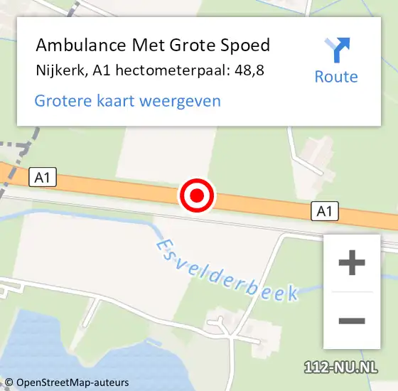 Locatie op kaart van de 112 melding: Ambulance Met Grote Spoed Naar Nijkerk, A1 hectometerpaal: 48,8 op 30 juli 2022 09:47