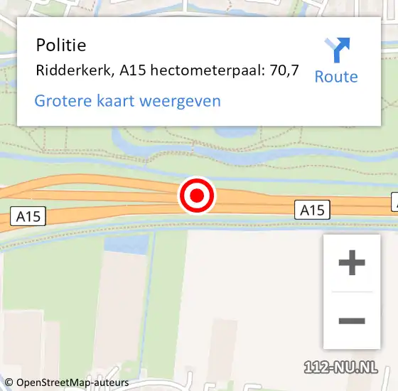 Locatie op kaart van de 112 melding: Politie Ridderkerk, A15 hectometerpaal: 70,7 op 30 juli 2022 12:13