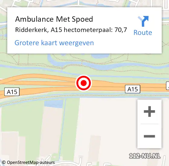 Locatie op kaart van de 112 melding: Ambulance Met Spoed Naar Ridderkerk, A15 hectometerpaal: 70,7 op 30 juli 2022 12:15