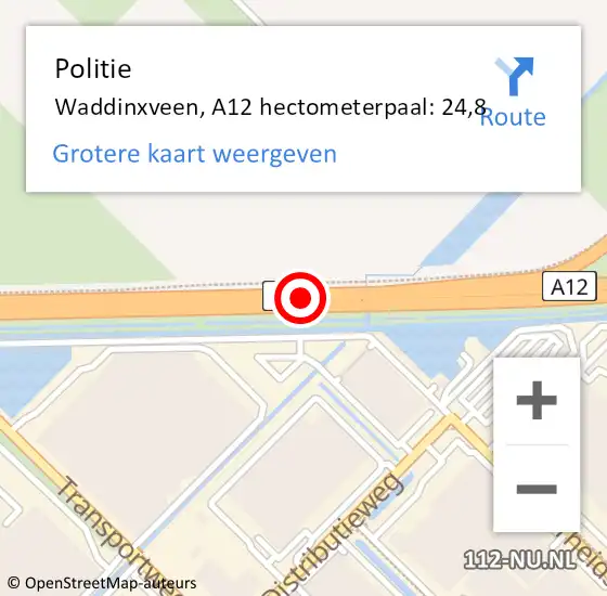 Locatie op kaart van de 112 melding: Politie Waddinxveen, A12 hectometerpaal: 24,8 op 30 juli 2022 12:23