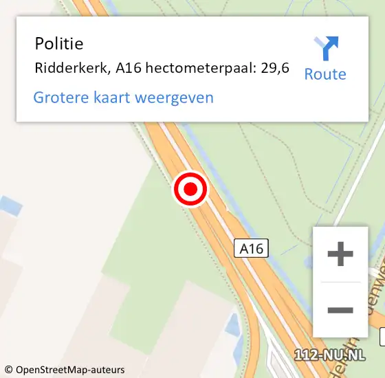 Locatie op kaart van de 112 melding: Politie Ridderkerk, A16 hectometerpaal: 29,6 op 30 juli 2022 12:32
