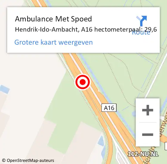 Locatie op kaart van de 112 melding: Ambulance Met Spoed Naar Ridderkerk, A16 hectometerpaal: 29,6 op 30 juli 2022 12:34