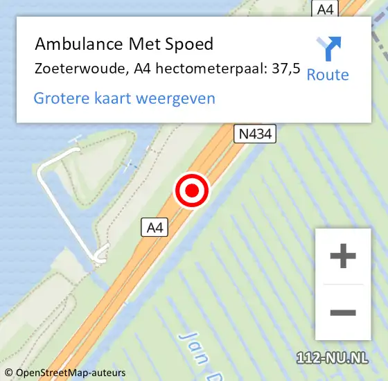 Locatie op kaart van de 112 melding: Ambulance Met Spoed Naar Zoeterwoude, A4 hectometerpaal: 37,5 op 30 juli 2022 12:52