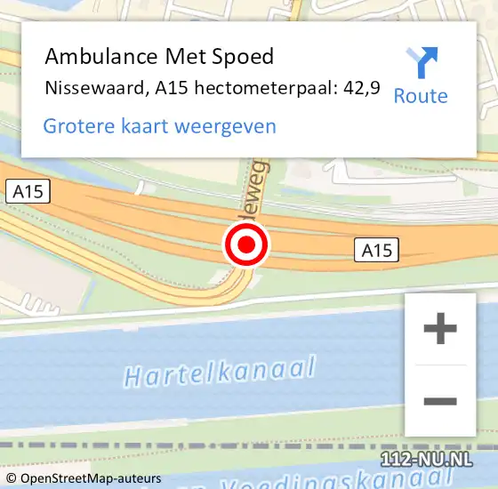 Locatie op kaart van de 112 melding: Ambulance Met Spoed Naar Nissewaard, A15 hectometerpaal: 42,9 op 30 juli 2022 13:11