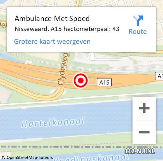 Locatie op kaart van de 112 melding: Ambulance Met Spoed Naar Nissewaard, A15 hectometerpaal: 43 op 30 juli 2022 13:13