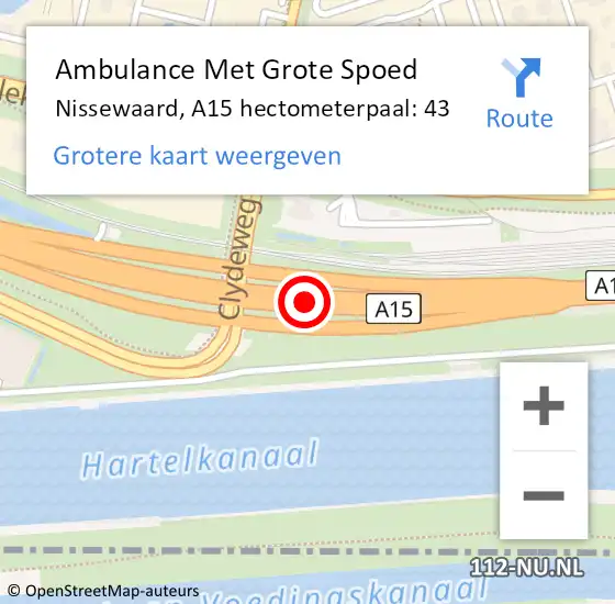 Locatie op kaart van de 112 melding: Ambulance Met Grote Spoed Naar Nissewaard, A15 hectometerpaal: 43 op 30 juli 2022 13:15