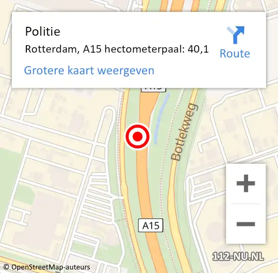 Locatie op kaart van de 112 melding: Politie Rotterdam, A15 hectometerpaal: 40,1 op 30 juli 2022 14:20