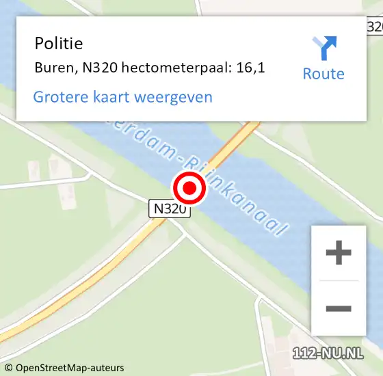 Locatie op kaart van de 112 melding: Politie Buren, N320 hectometerpaal: 16,1 op 30 juli 2022 15:34
