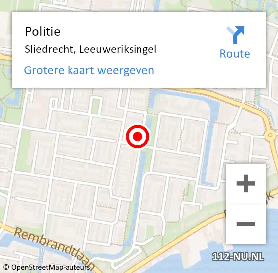 Locatie op kaart van de 112 melding: Politie Sliedrecht, Leeuweriksingel op 30 juli 2022 17:57