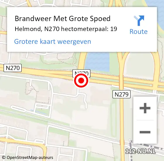 Locatie op kaart van de 112 melding: Brandweer Met Grote Spoed Naar Helmond, N270 hectometerpaal: 19 op 30 juli 2022 18:39