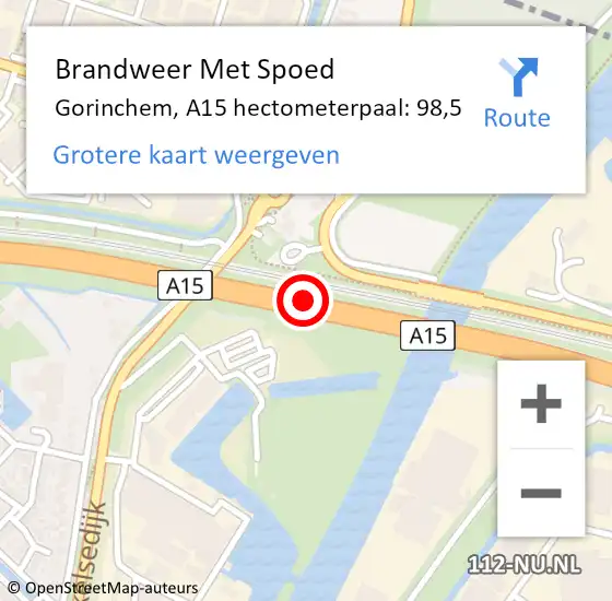 Locatie op kaart van de 112 melding: Brandweer Met Spoed Naar Gorinchem, A15 hectometerpaal: 98,5 op 31 juli 2022 06:46