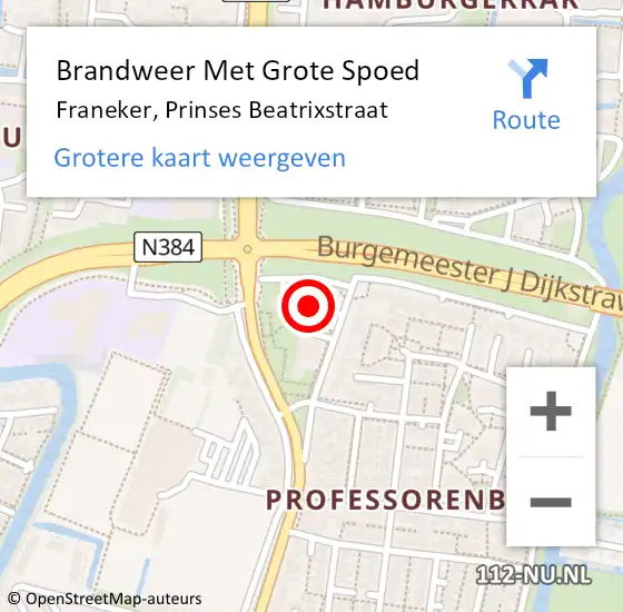 Locatie op kaart van de 112 melding: Brandweer Met Grote Spoed Naar Franeker, Prinses Beatrixstraat op 31 juli 2022 06:51