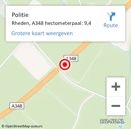 Locatie op kaart van de 112 melding: Politie Rheden, A348 hectometerpaal: 9,4 op 31 juli 2022 11:36