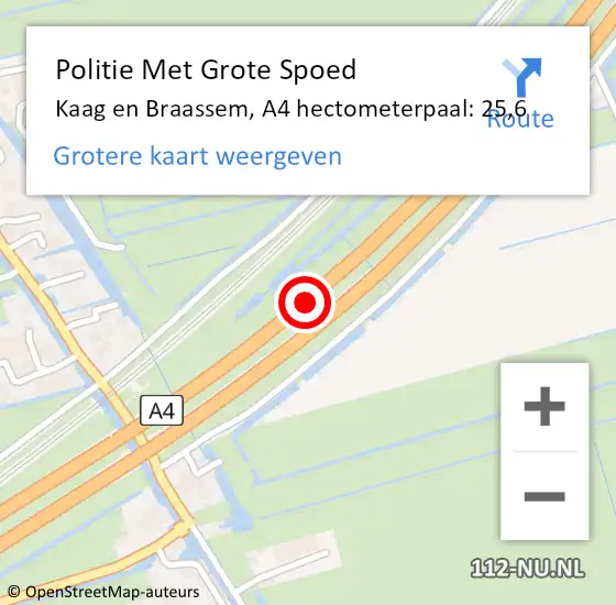 Locatie op kaart van de 112 melding: Politie Met Grote Spoed Naar Kaag en Braassem, A4 hectometerpaal: 25,6 op 31 juli 2022 12:15